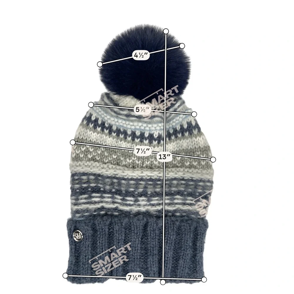 Steve Madden Womens‎ Fair Isle Knit Beanie Navy Grey Faux Fur Pom Pom One Size